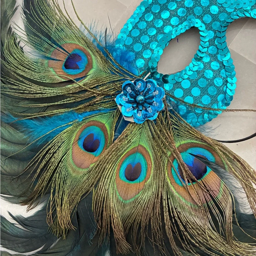 Teal blue Peacock Feather Sequin Mask